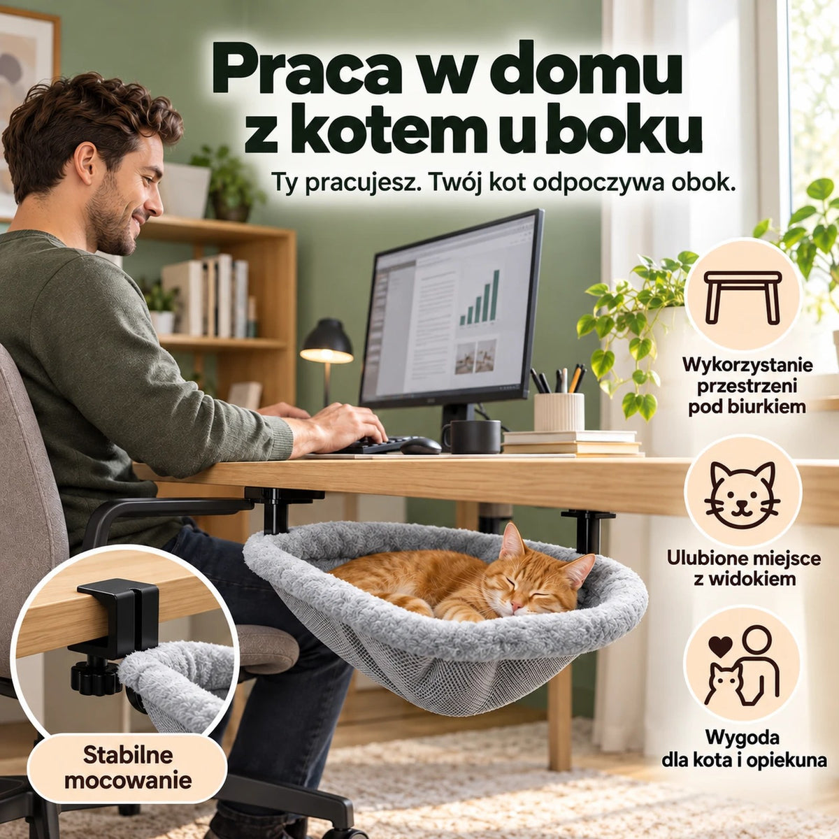 Kot śpiący w hamaku Biurkot pod biurkiem podczas pracy